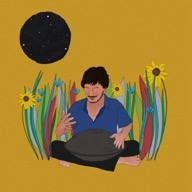 Illustration of Ashim Bery playing the handpan among tall grasses and flowers under a starry moon